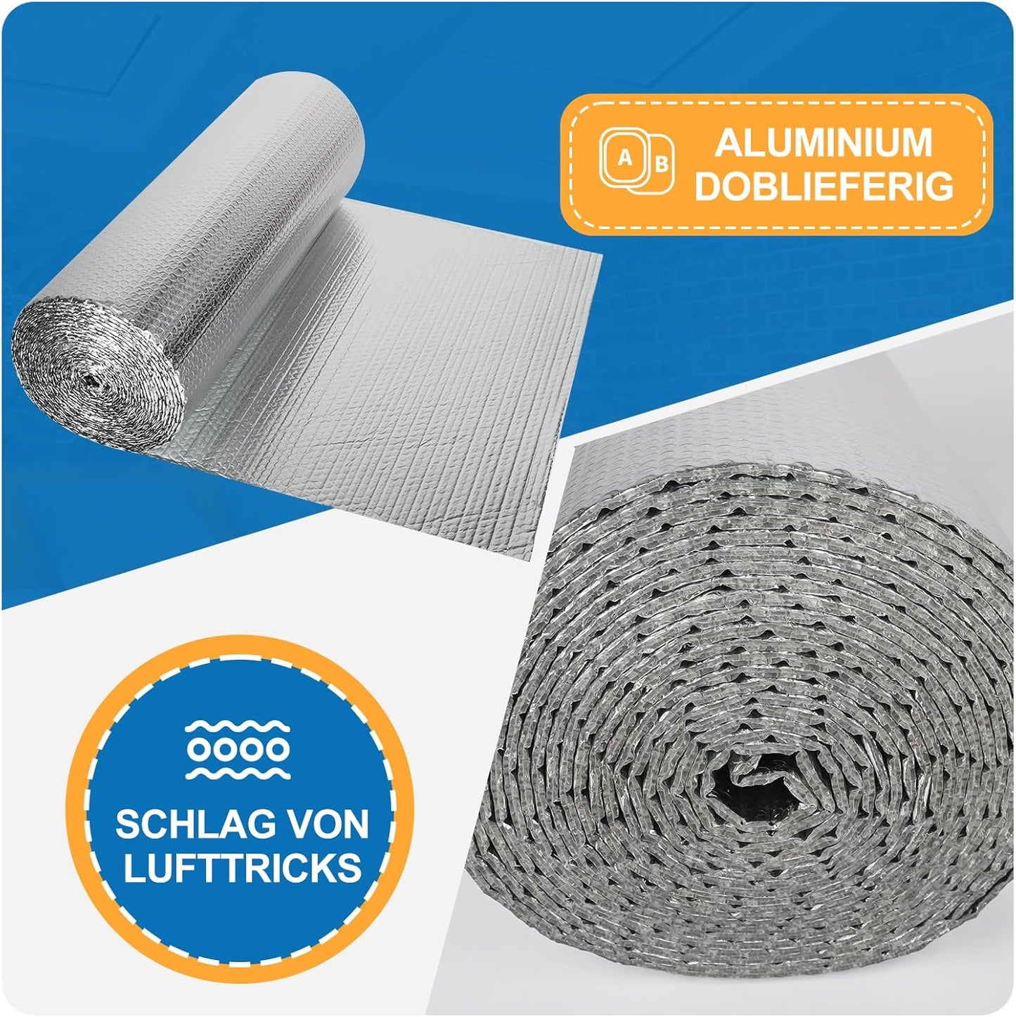 Dämmfolie Alu-Luftpolster Dachisolierung, Aluminisierte/Einzelne Blase 1.0x15m - 15㎡