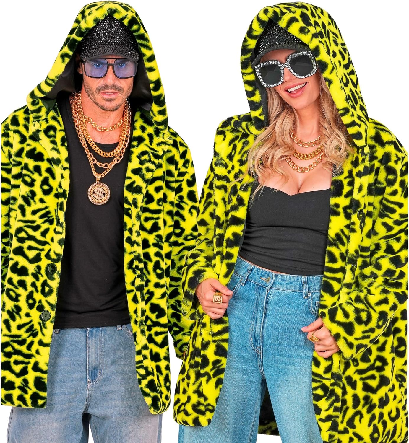 Neon Gelber Animalier Leopardenmuster Plüschmantel mit Kapuze, XXL Neon-gelb