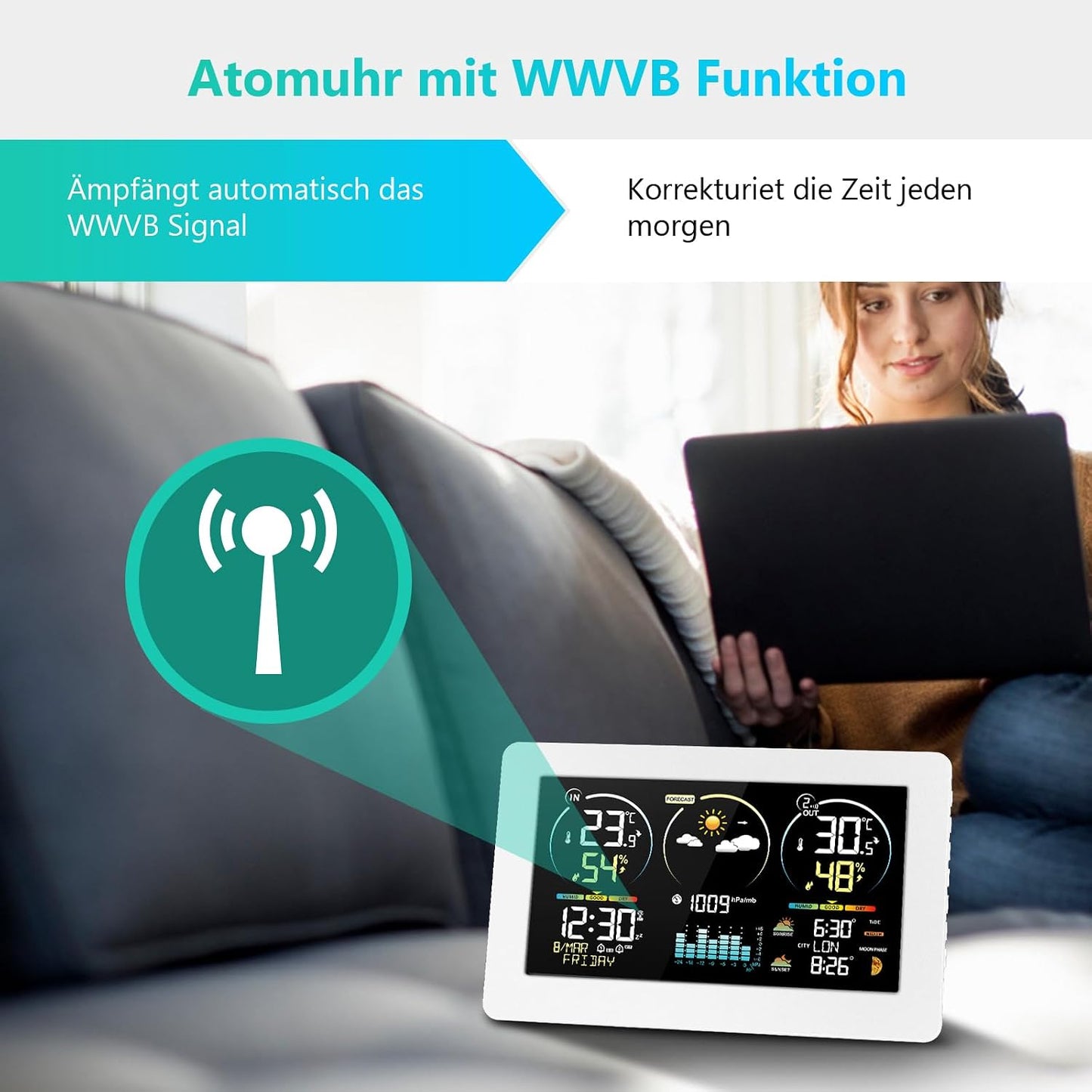 Funk-Wetterstation mit Aussensensor und Farbdisplay, Elfenbein