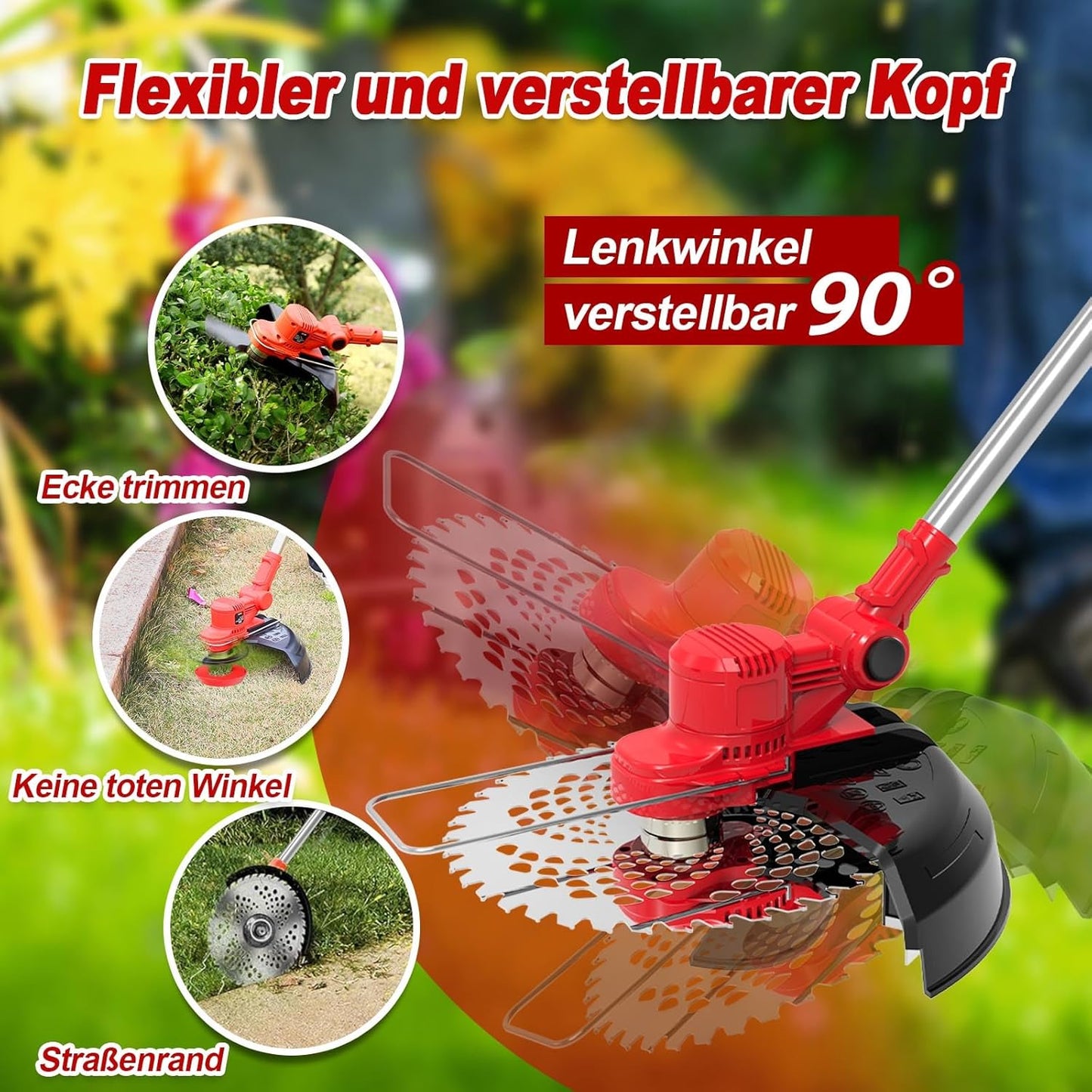 4-in-1 Akku-Rasentrimmer mit Unkrautbürste, Rosa