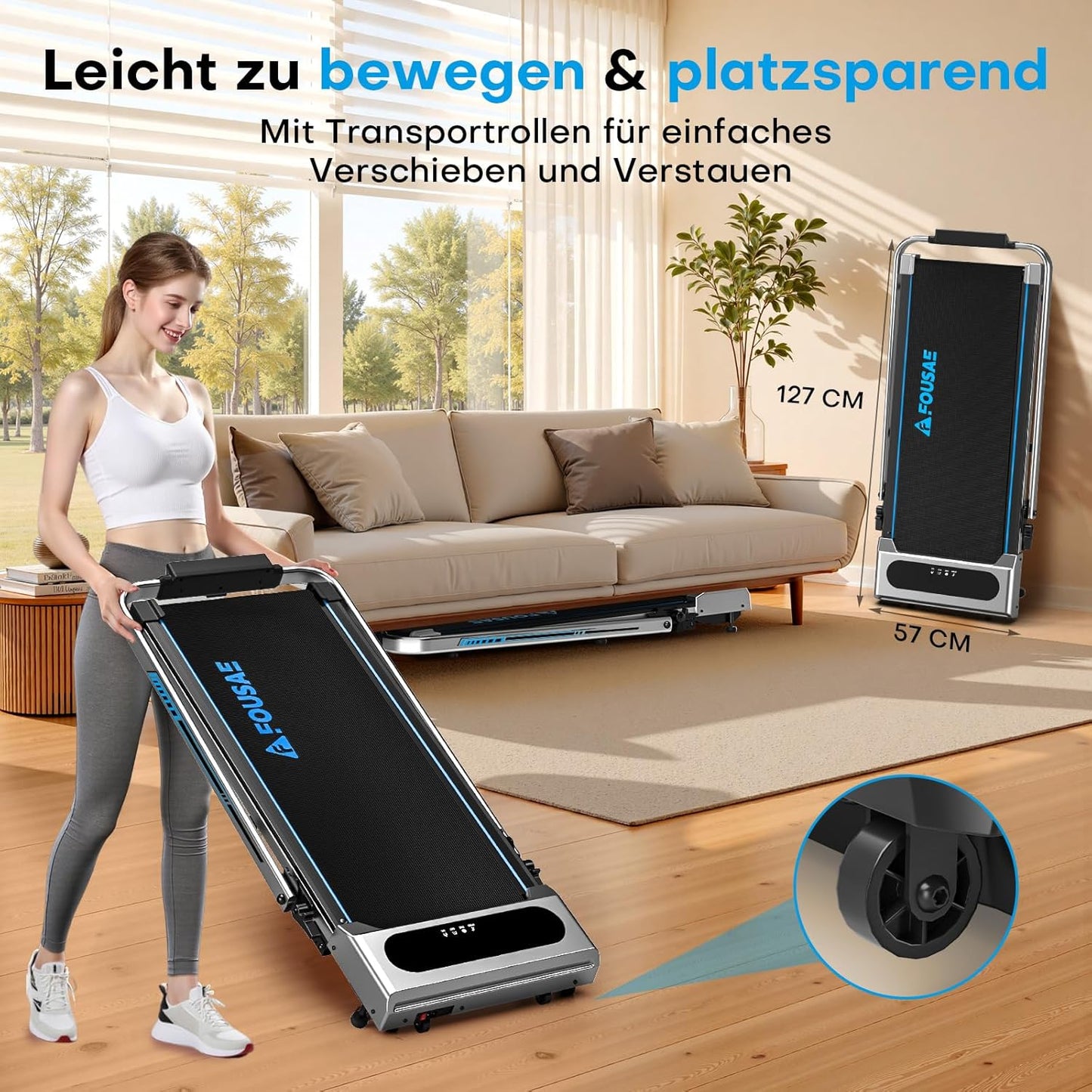 5-in-1 klappbares Laufband mit Steigung und App, Silber blau