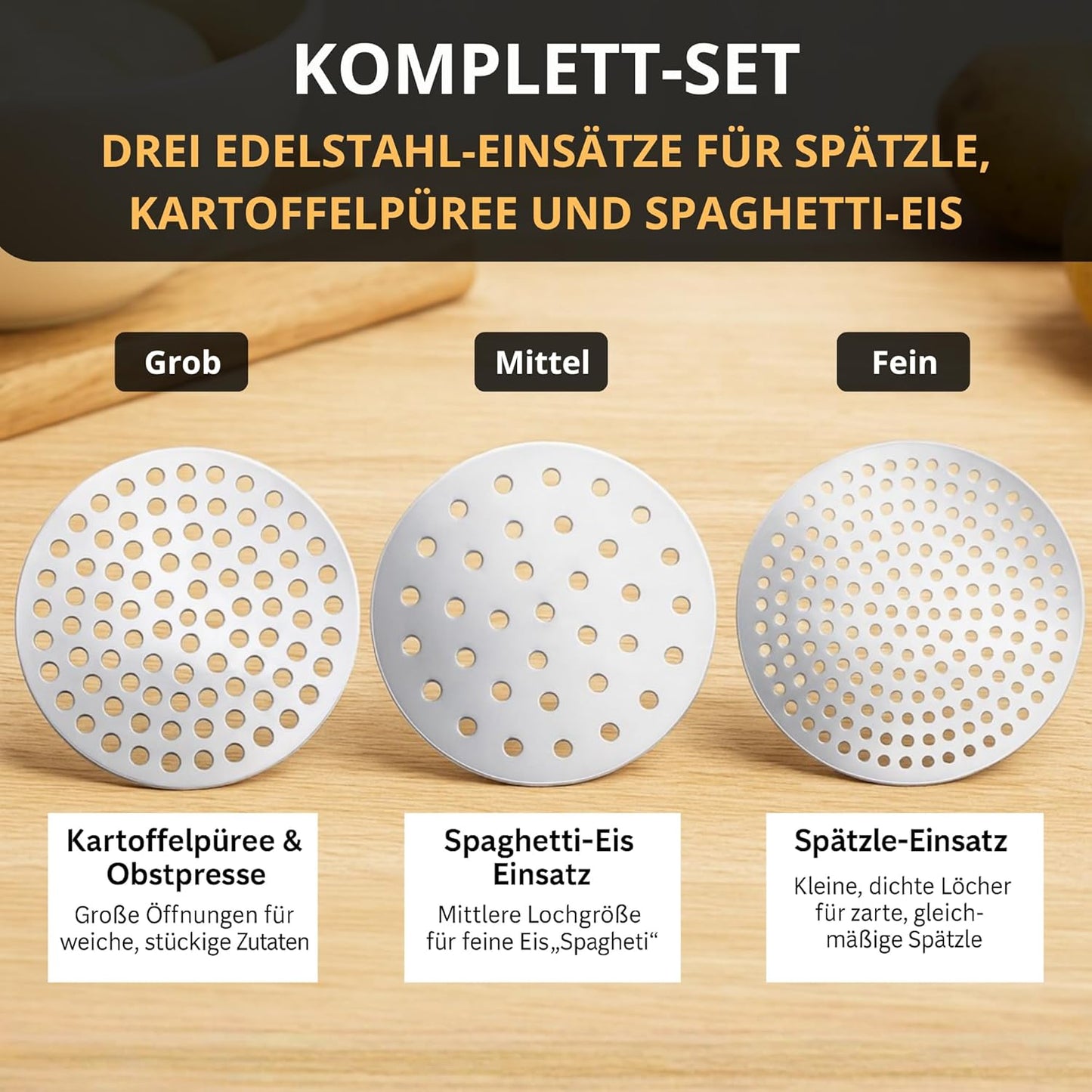 Spätzle- und Kartoffelpresse mit 3 Einsätzen, Spätzle & Kartoffelpüree