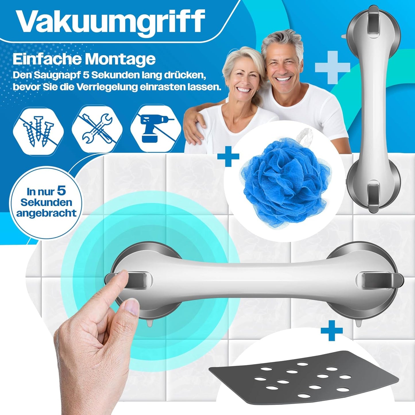 Duschhocker höhenverstellbar mit Haltegriff, Eckig Anthrazit