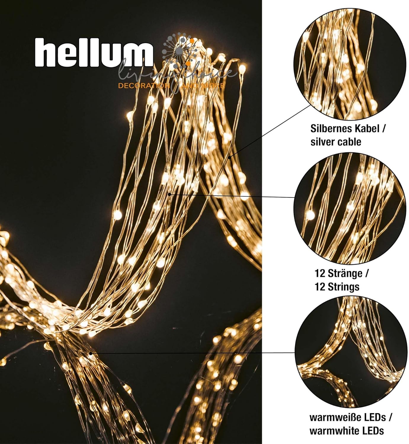 LED-Weihnachtsgirlande mit Timer, 12 Stränge á 5 m, Warmweiss (Girlande), 192 LED / 2m beleuchtet