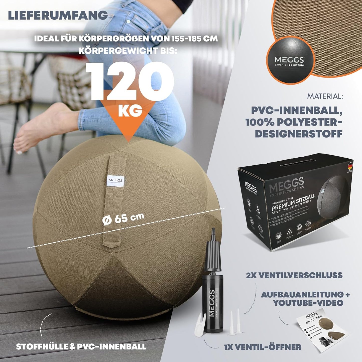 Ergonomischer Sitzball mit Stoffbezug, Cappuccino-braun 65 cm