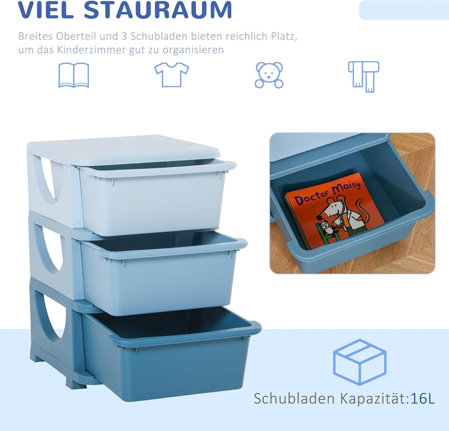 Kinder-Schubladenschrank mit Aufbewahrungsboxen, 37L x 37B x 56,5H cm Blau