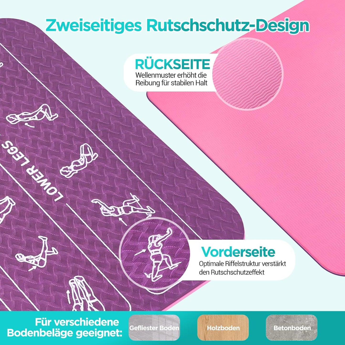 Rutschfeste Yogamatte mit 70 Yoga-Posen, Pink-Lila mit 70 Posen 183x61x0.6cm