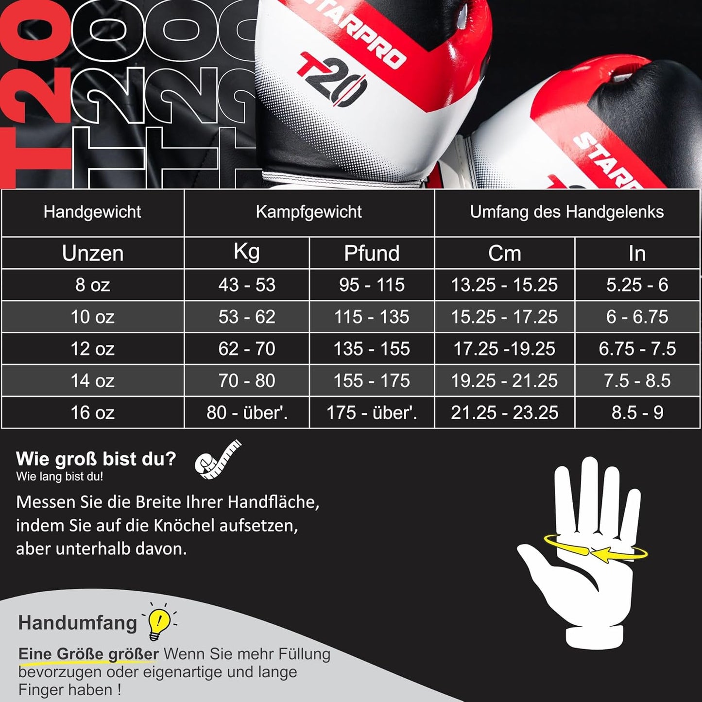 T20 Boxhandschuhe, 16oz Rot