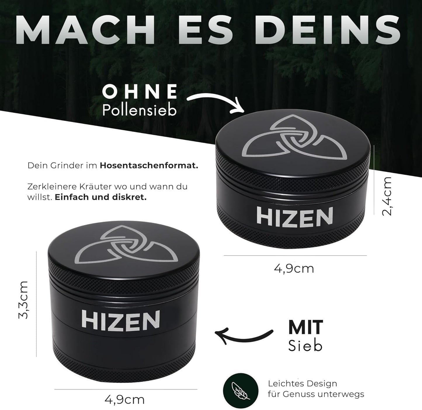 Kräutermühle mit Pollenfach und Schaber, Schwarz