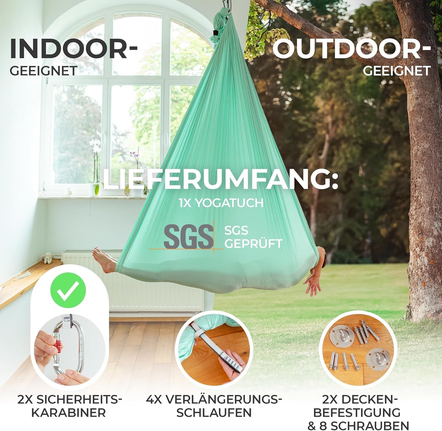 Yogatuch für Aerial Yoga, Mintgrün (1 Set) Einheitsgrösse