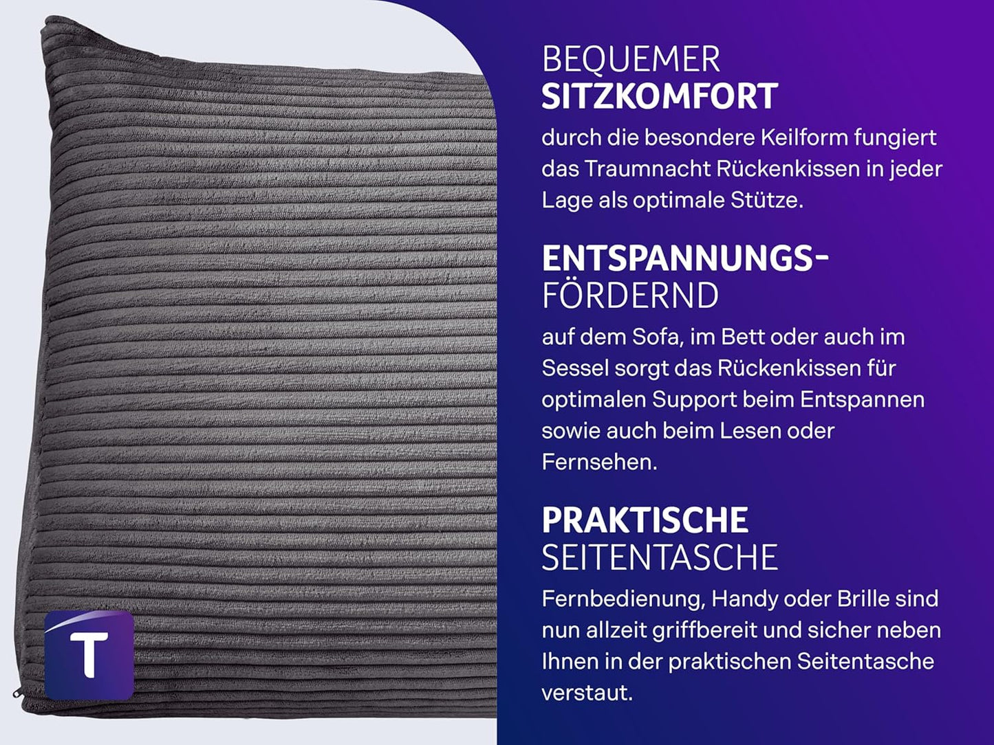 Cozy Rückenkissen mit Kordbezug, 70 x 40 cm, Dunkelgrau Kord (100% Polyester)