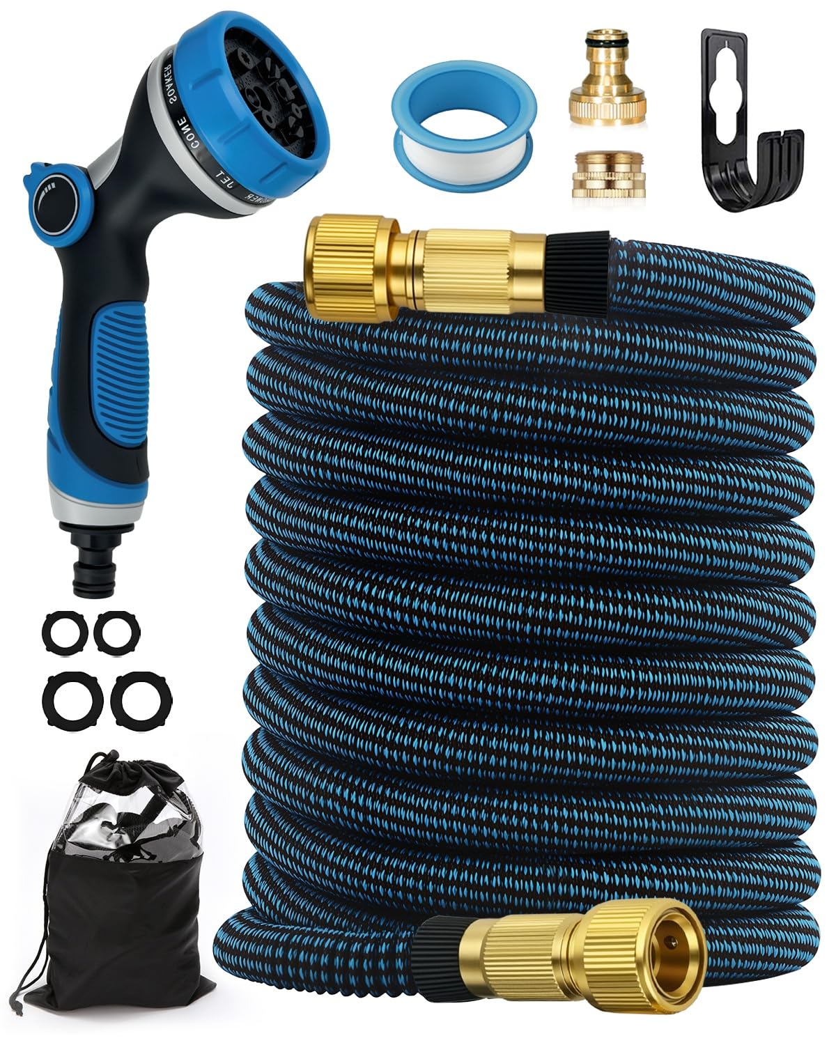 Flexibler Gartenschlauch mit 10-Funktions-Düse und Zubehörset, Blau-schwarz 100FT 1