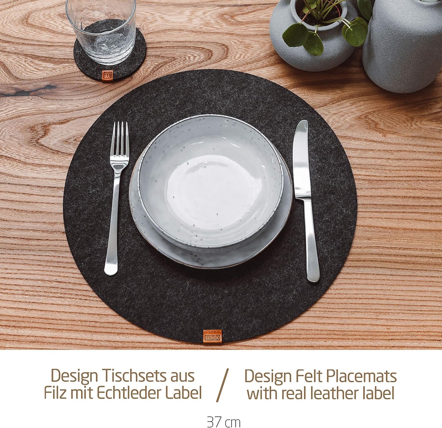 Runde Filz-Tischsets mit Glasuntersetzern, 8er-Set mit Zubehör Dunkelgrau / Rund