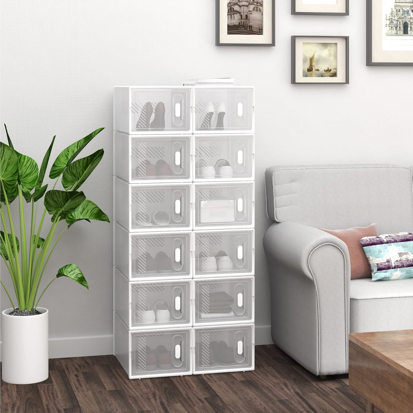 Schuhregal mit stapelbaren Boxen, Transparent+weiss 12er 35x19x25 cm
