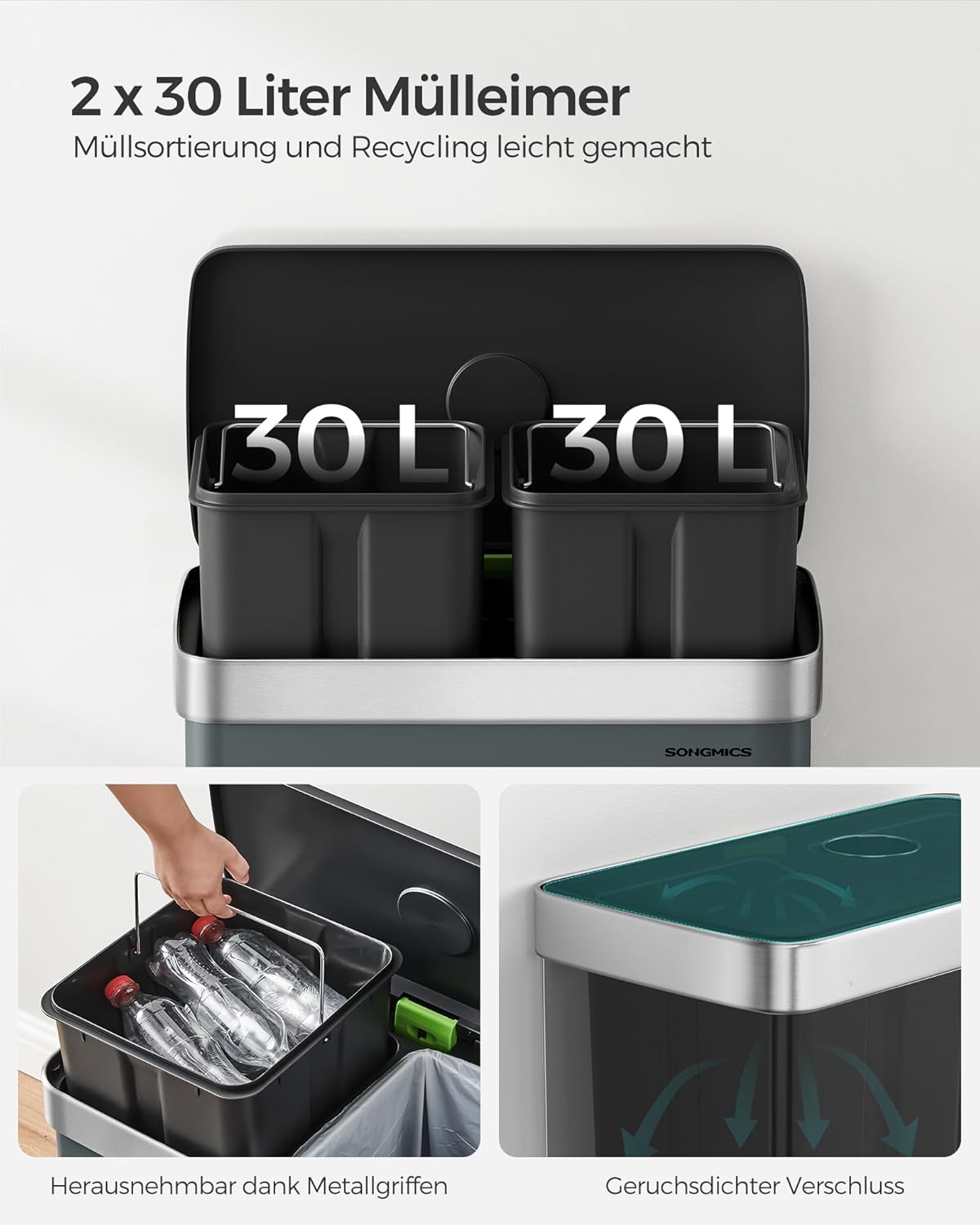 Mülleimer mit 2 Fächern, Grüngrau