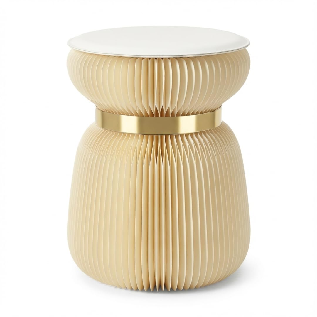 Papierhocker Papli Lux mit 180 Lamellen, Beige mit Goldenem Band