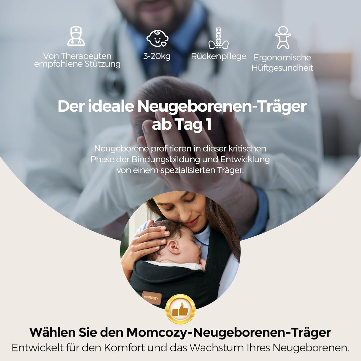Ergonomische Babytrage mit Nackenstütze (3-11 kg), Schwarz
