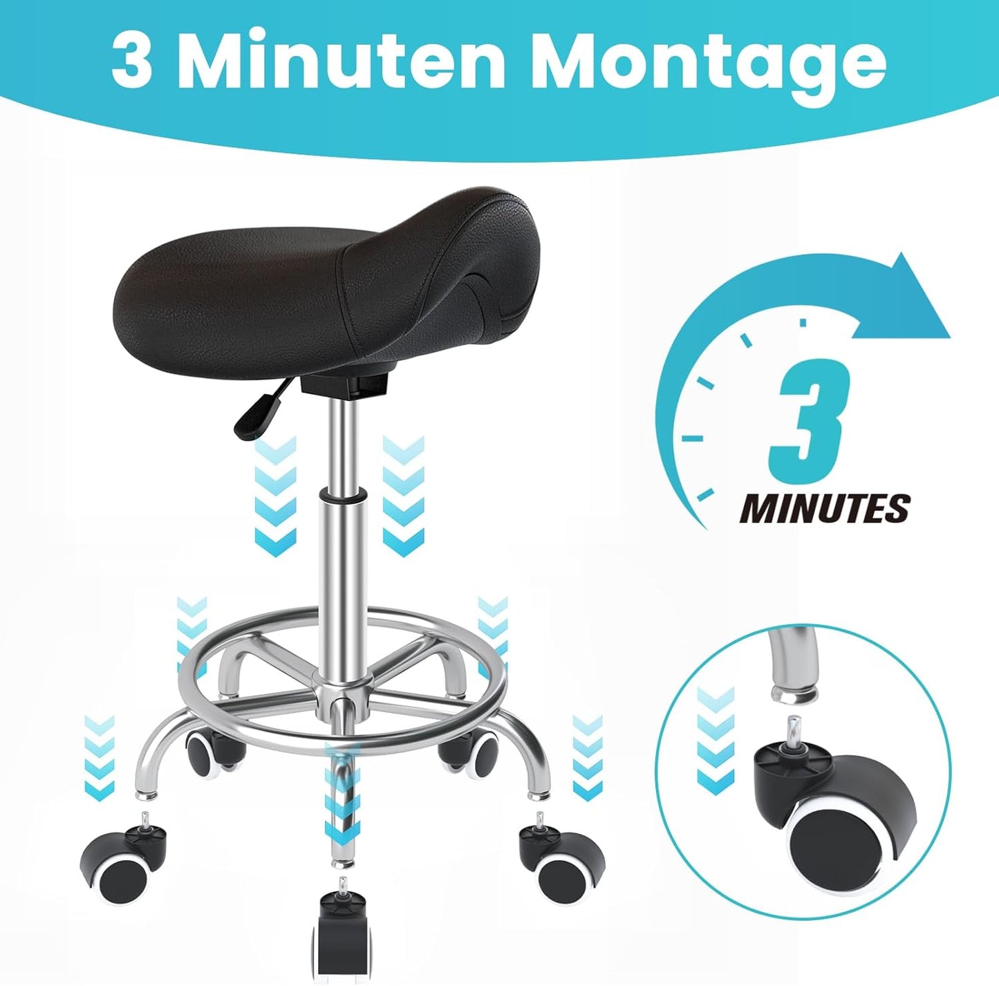 Ergonomischer Sattelhocker mit Rollen und Pedal, Schwarz