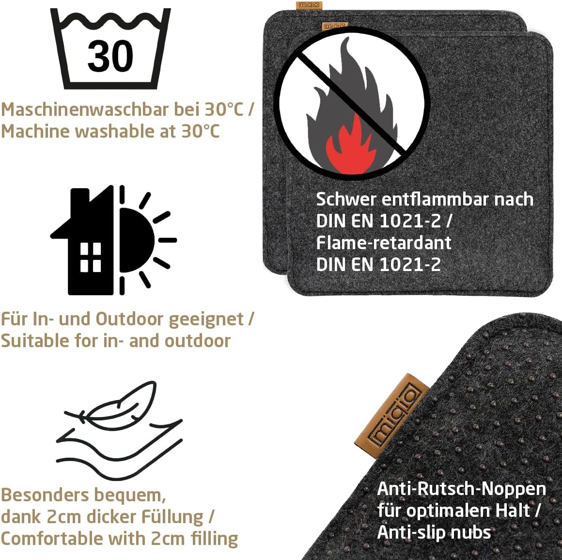 Filz Sitzkissen mit Antirutschnoppen, 35x35 cm, 2er-Set Dunkelgrau Anthrazit mit Echtleder-elementen