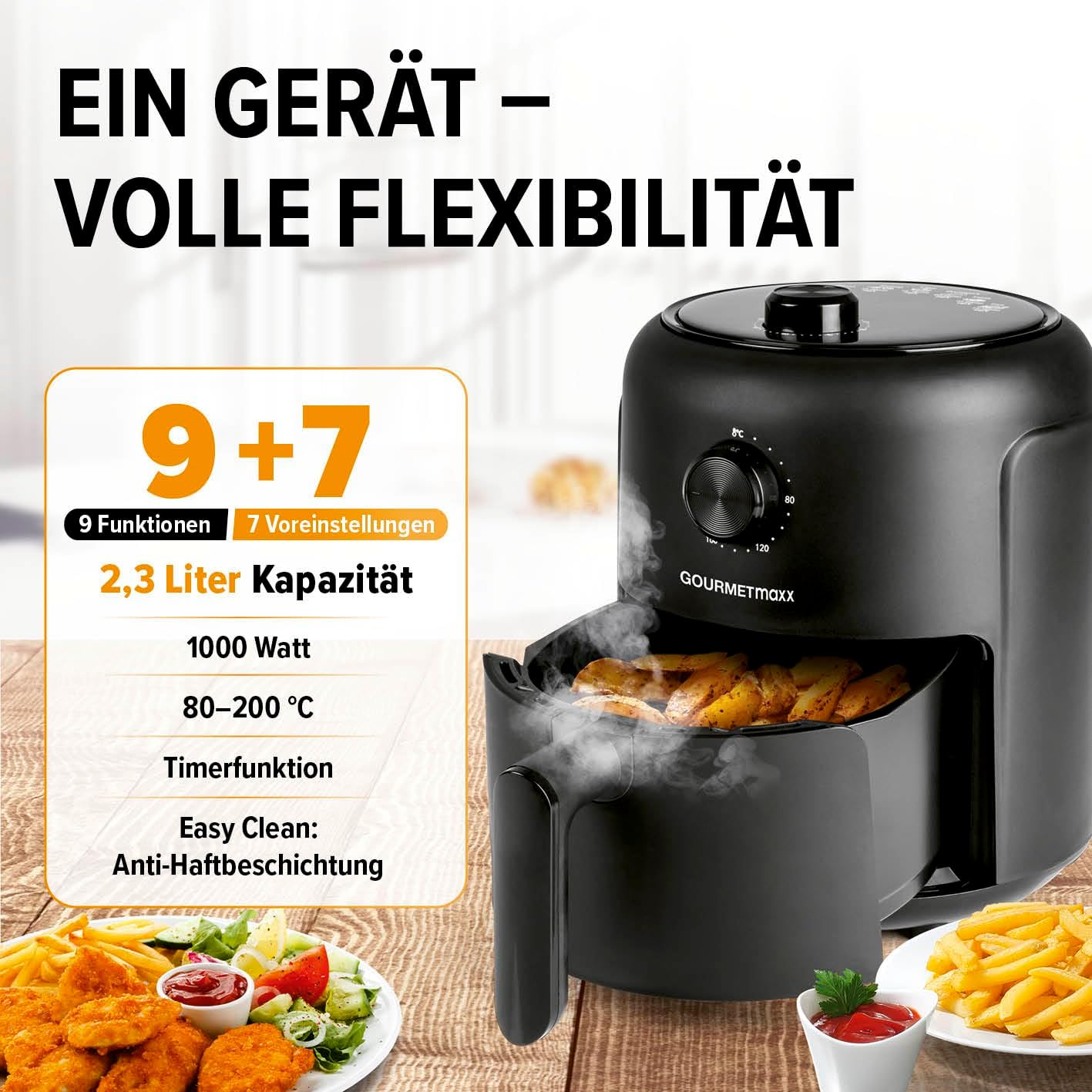 Heissluftfritteuse, Schwarz / 2,3 Liter