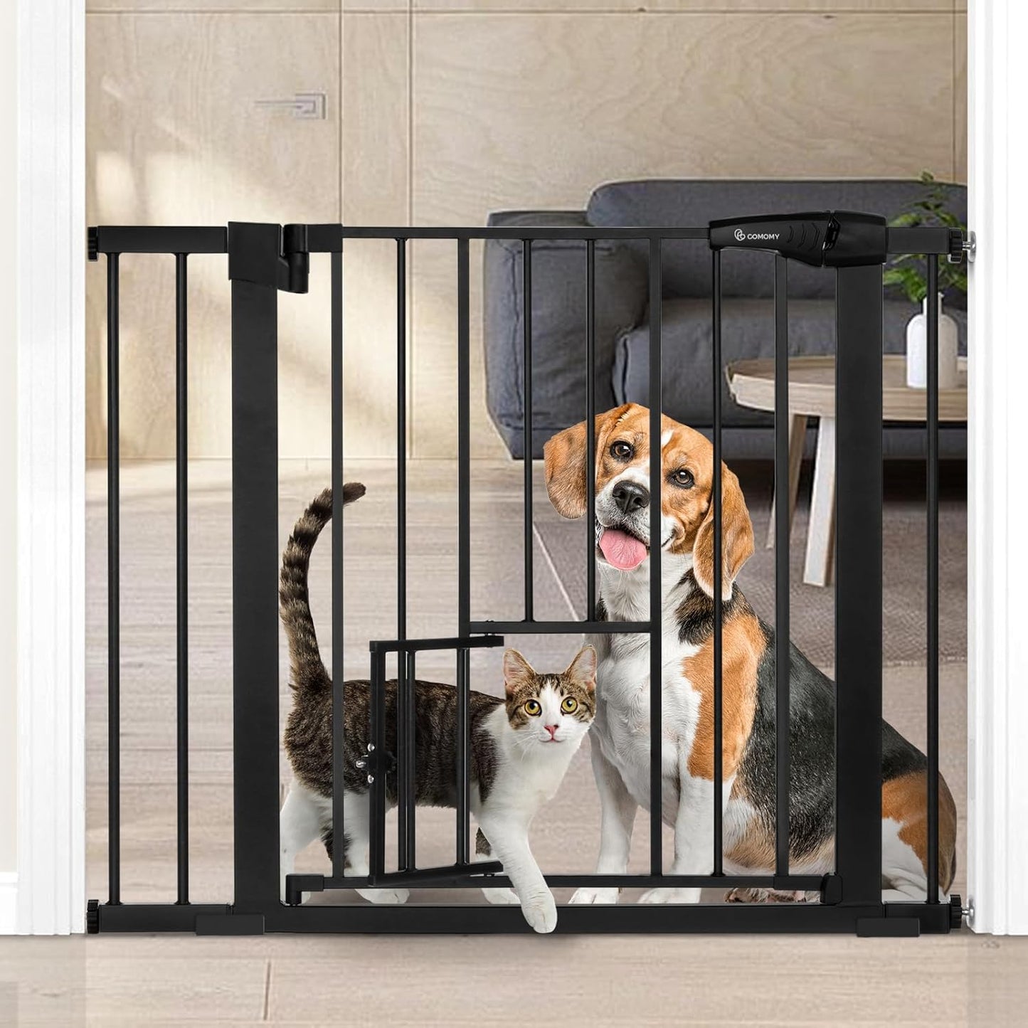 Türschutzgitter mit Katzenklappe, 75-103cm, erweiterbar, Schwarz
