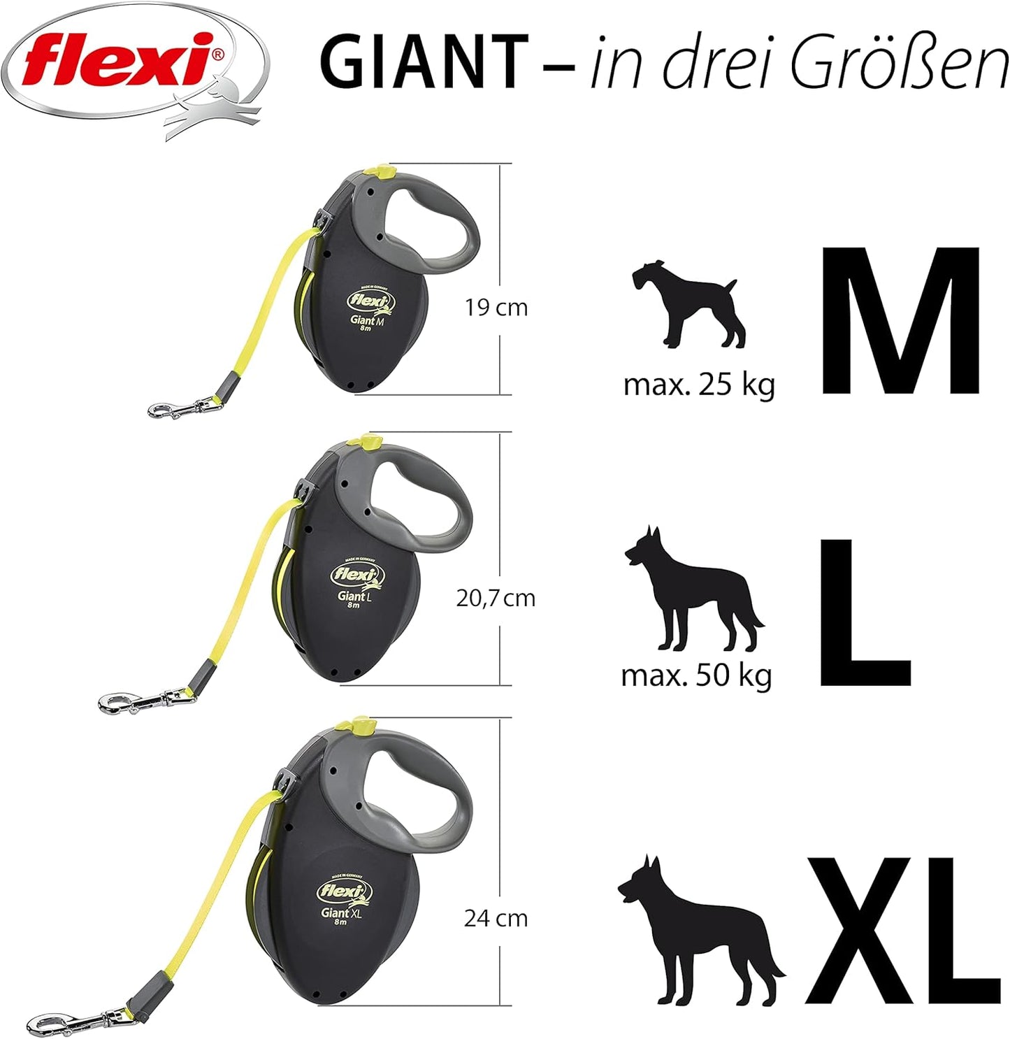 Roll-Leine für grosse Hunde, 10 m (bis 50 kg), schwarz/neongelb L 10 m Vereint