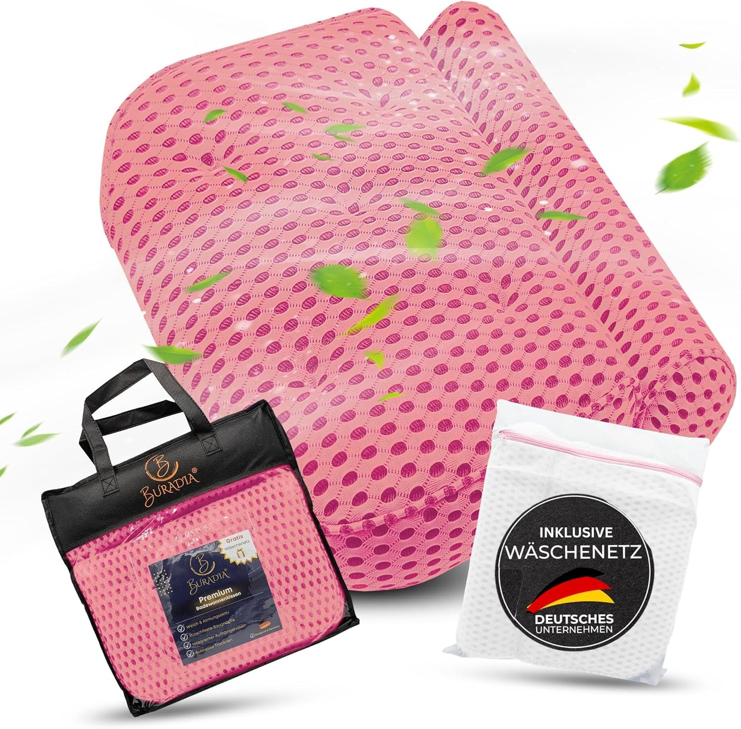 Badewannenkissen mit Saugnäpfen und Wäschenetz, Rosa
