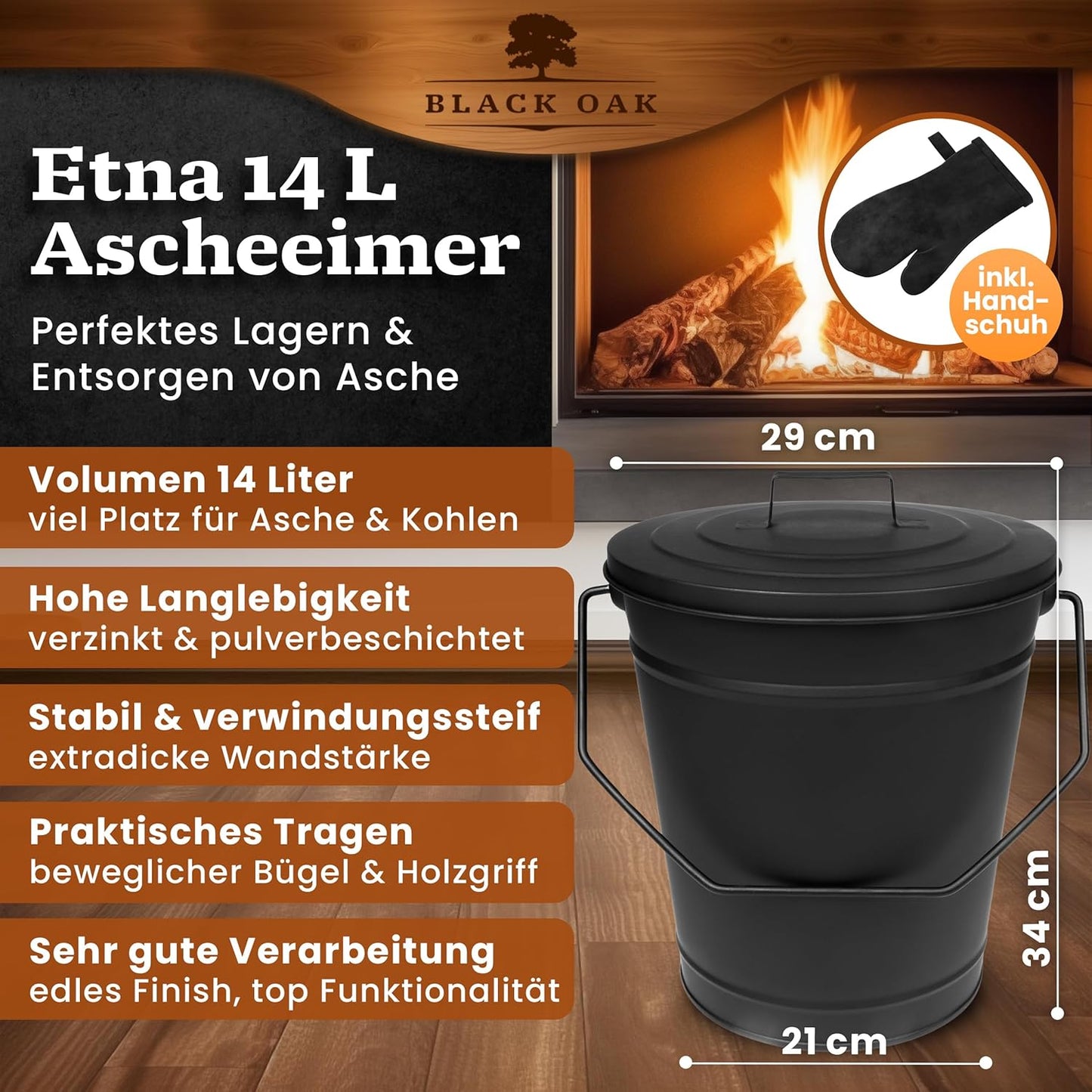 Ascheeimer Etna mit Lederhandschuh, Eimer & Zubehör 2 Etna 14l Eimer + Lederhandschuh