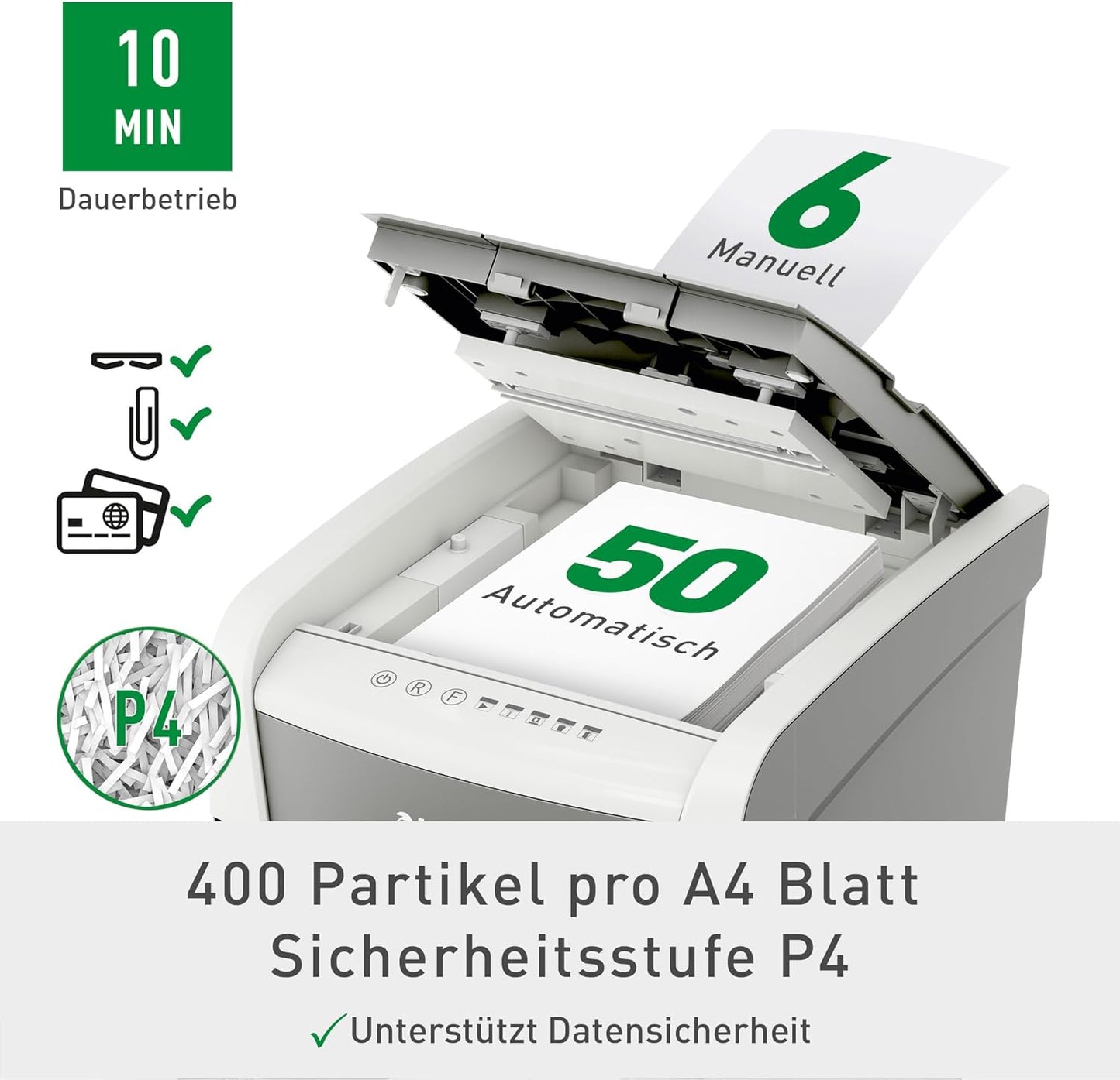 IQ Autofeed Aktenvernichter, P4 Partikelschnitt / 50 Blatt