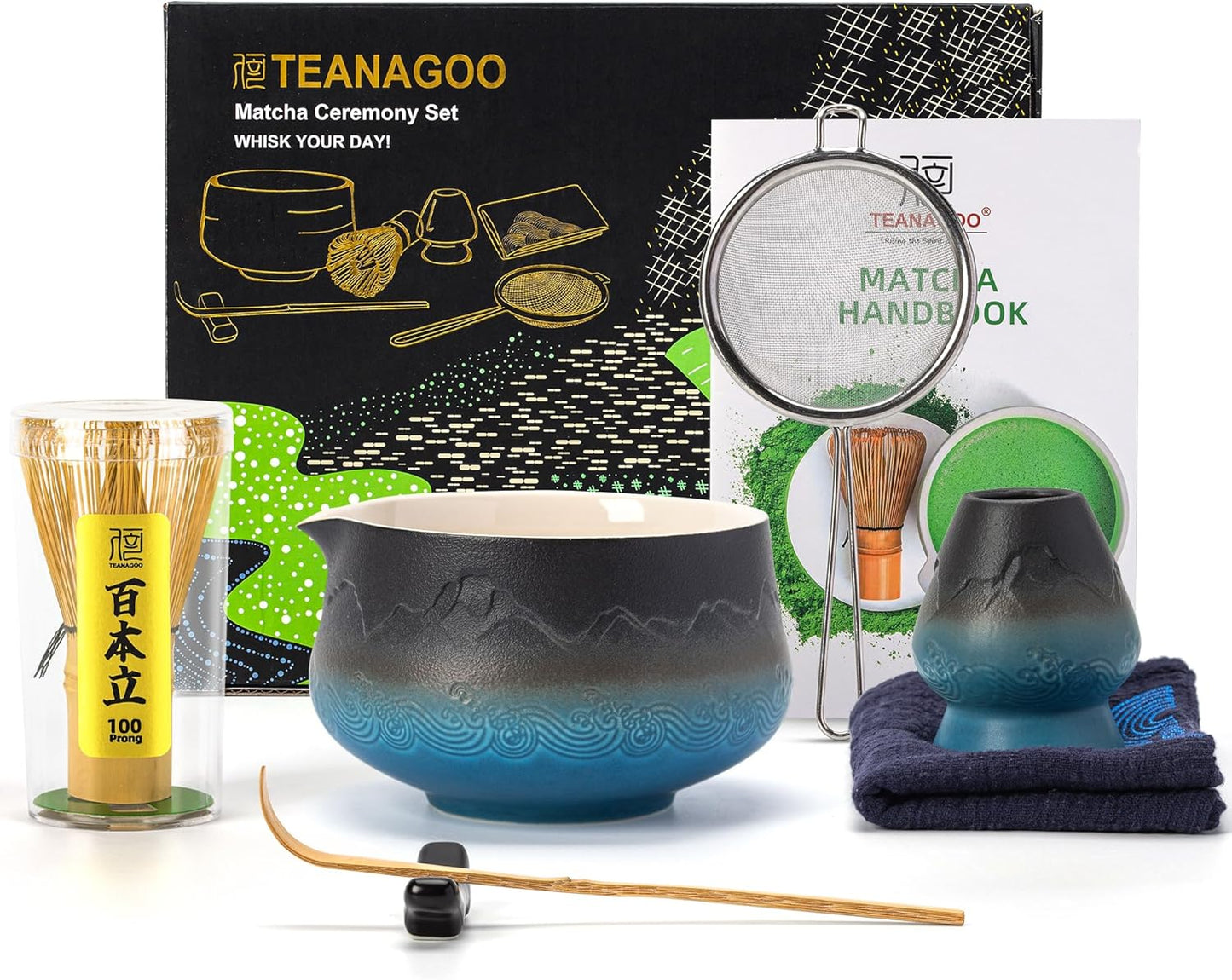 7-teiliges Matcha-Tee-Set, 7Stück/Set, Schüssel mit Ausgießer Farbverlauf Marine