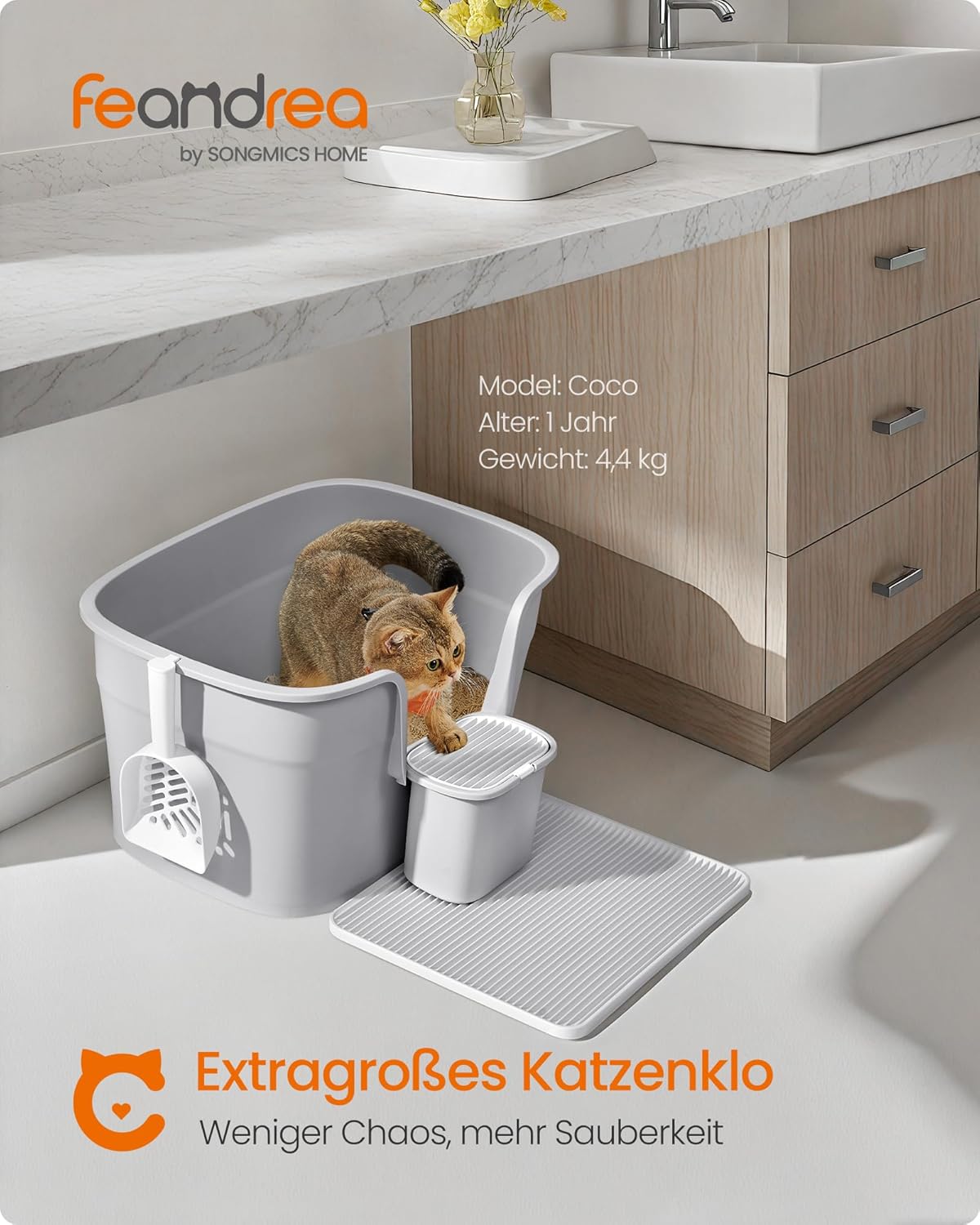 Extragrosse Katzentoilette mit Zubehör für Mehrkatzenhaushalte, taubengrau
