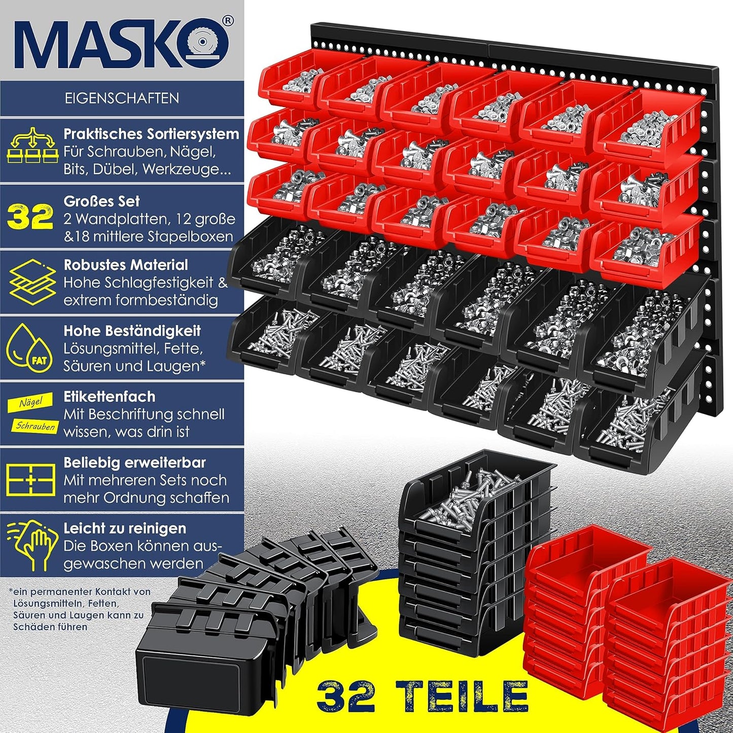 32-teiliges Stapelboxen Wandregal-Set, Schwarz / Rot