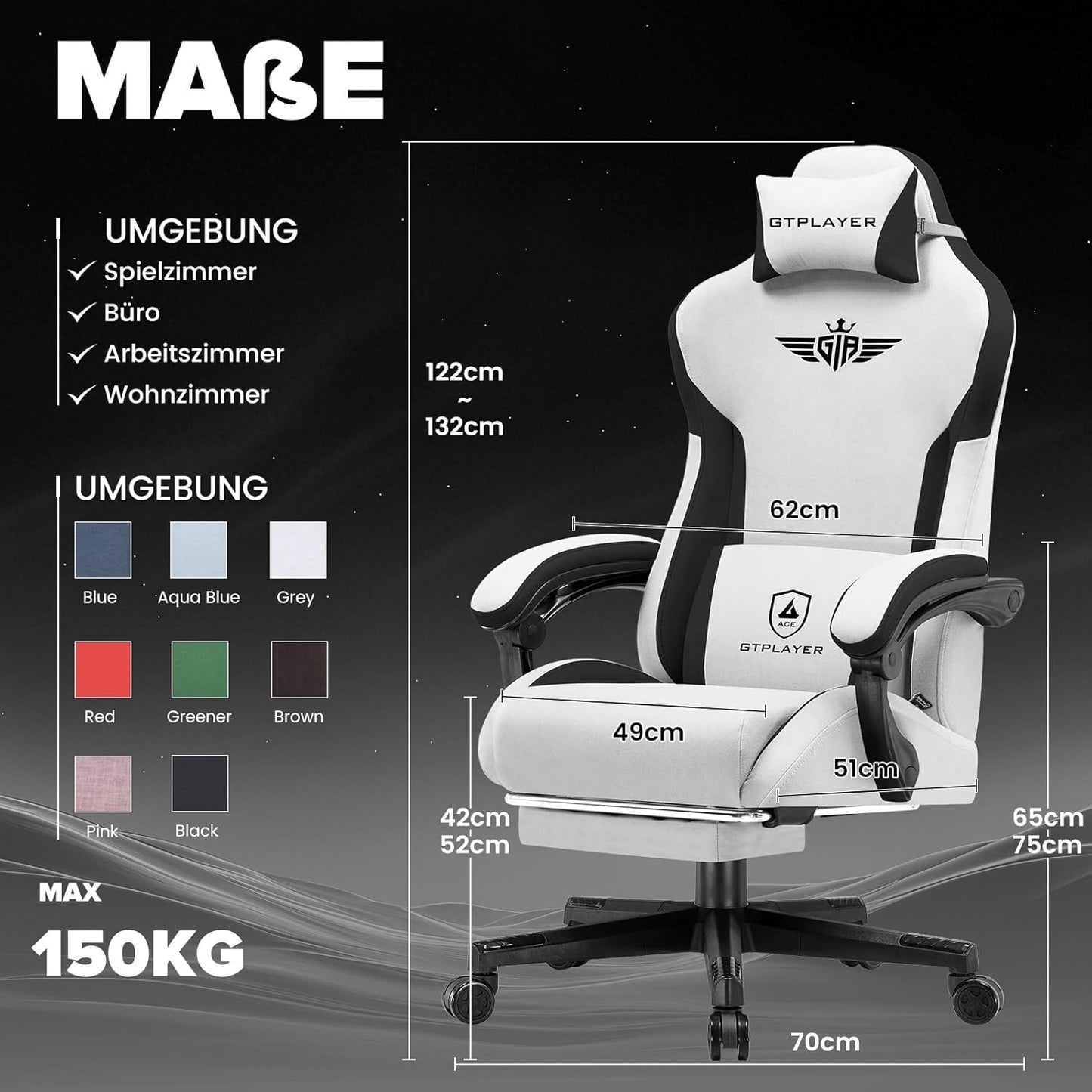 Ergonomischer Gaming-Stuhl, Grau High-Tech-Stoff
