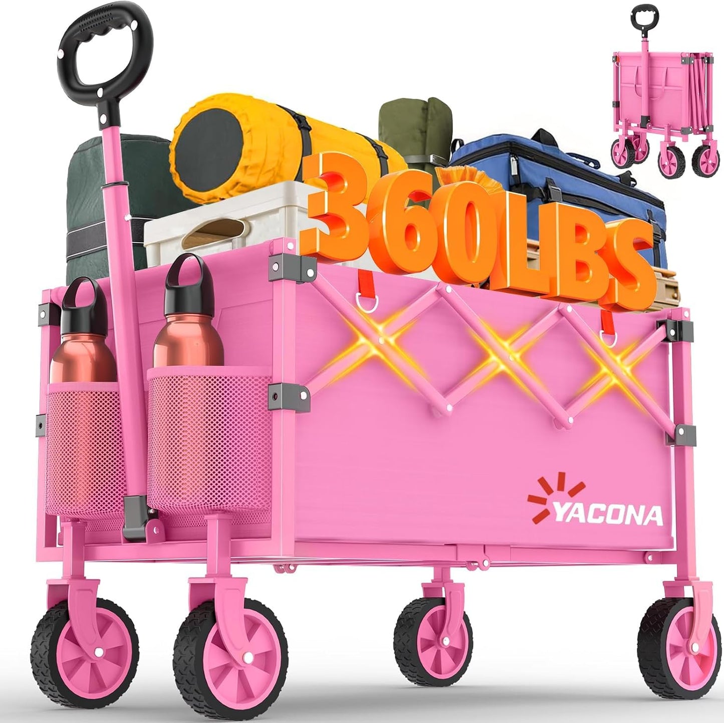 Faltbarer Bollerwagen mit verstärkten Rollen, Pink 100L