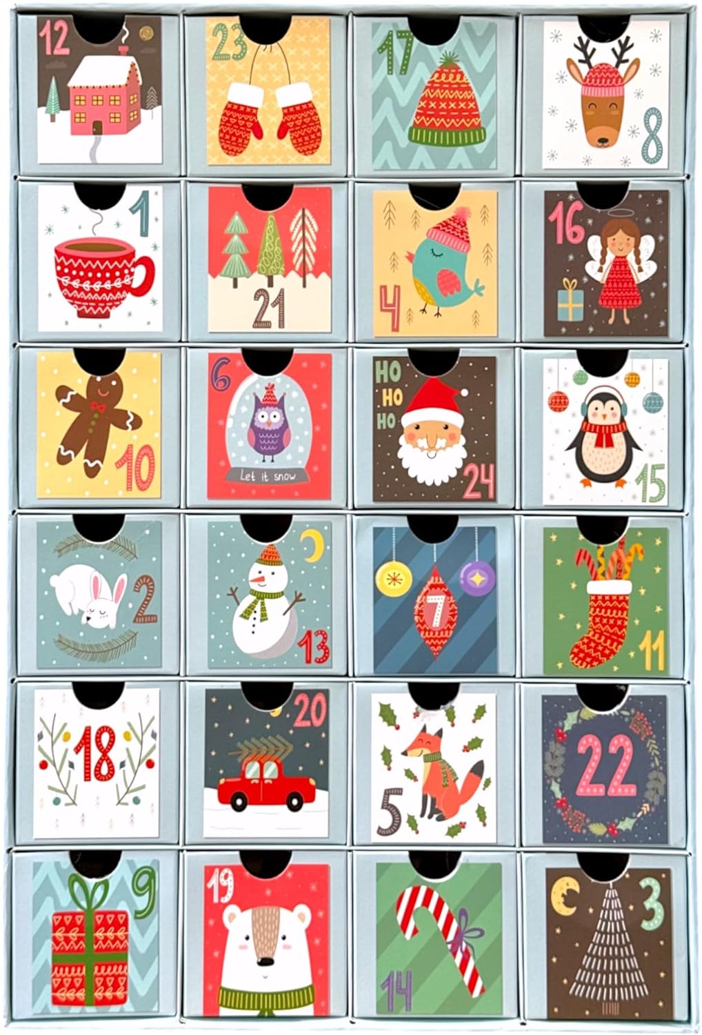 Adventskalender mit 24 Schubladen-Boxen, Zahlen & süße Motive
