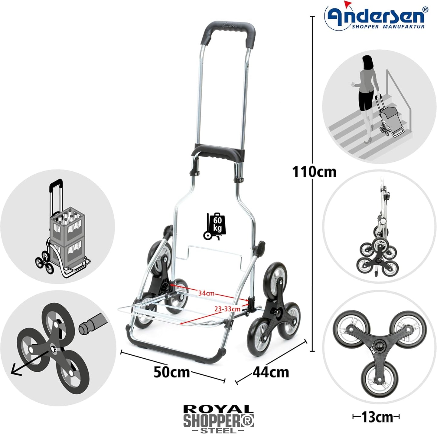 Einkaufstrolley Royal Steel Holly mit Treppensteiger-Funktion (49L), Schwarz