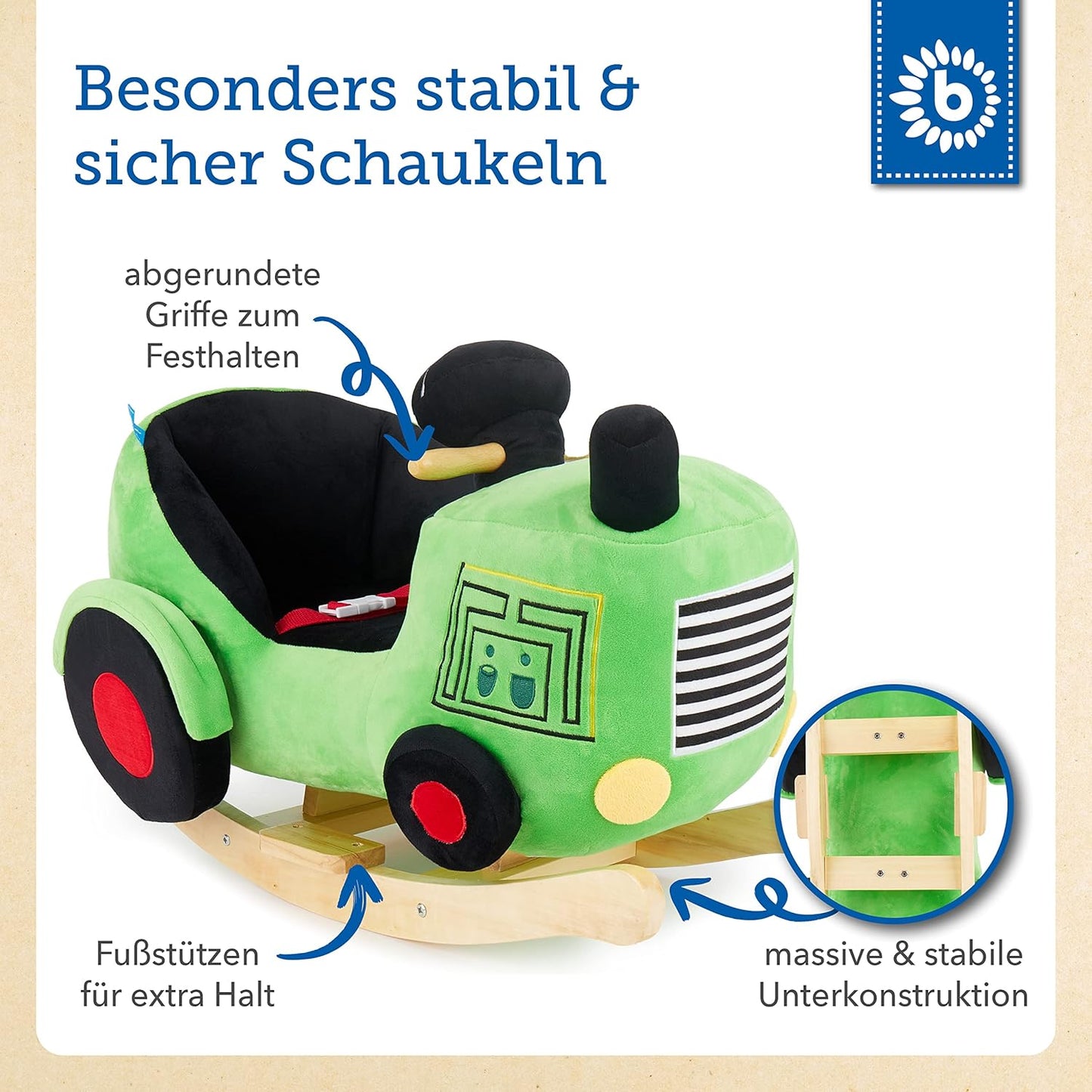 Plüsch Schaukeltier Traktor mit Sicherheitsgurt, grün