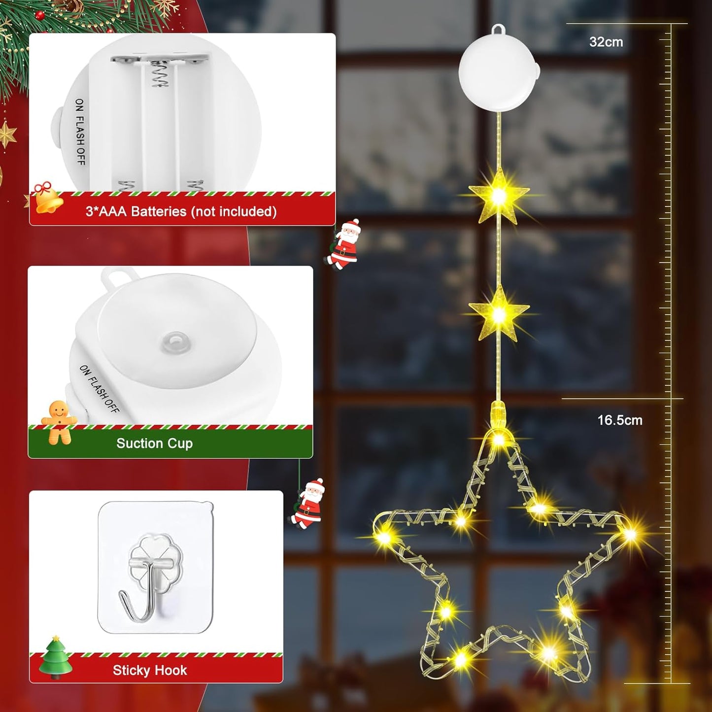 LED-Sterne mit Timer & Saugnäpfen, Warmweiss Stern