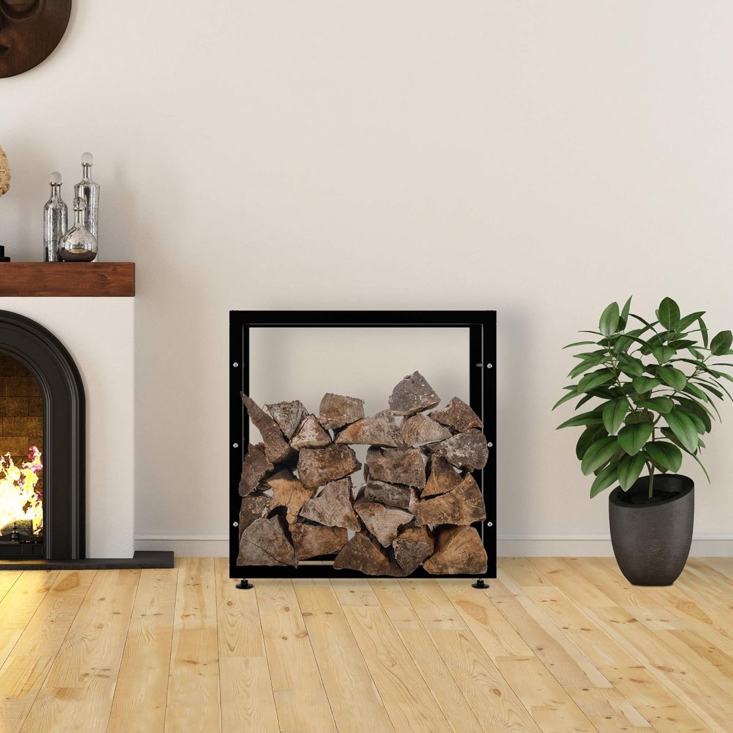 Kaminholzständer Keri V2 mit Bodenschonern, 25x80x80 cm, Schwarz