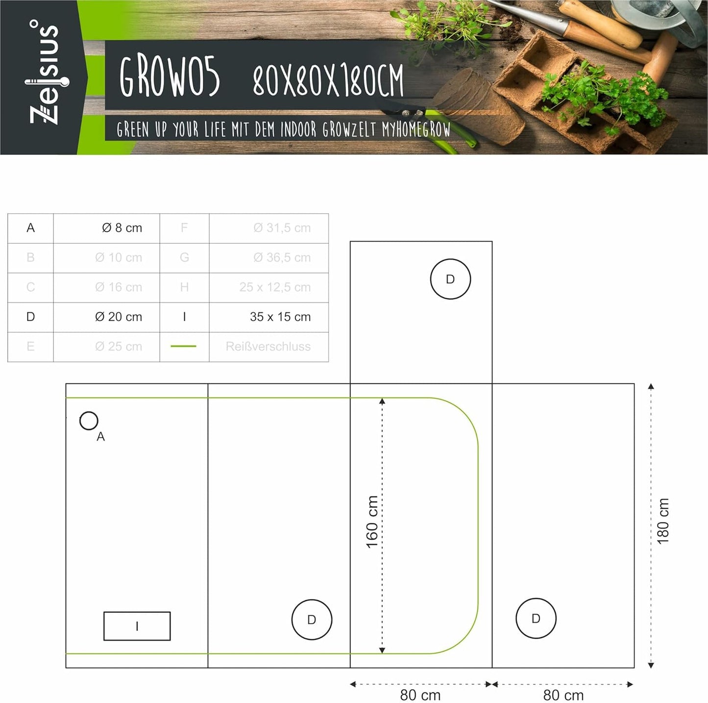 MyHomeGrow Growzelt 80 x 80 x 180 cm, Grau, 80 x 80 x 180 cm