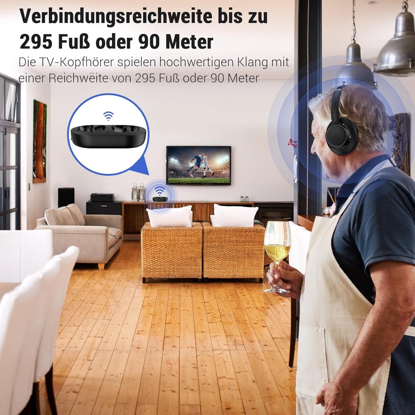 Kabellose TV-Kopfhörer mit Sender-Ladestation, Reines Schwarz