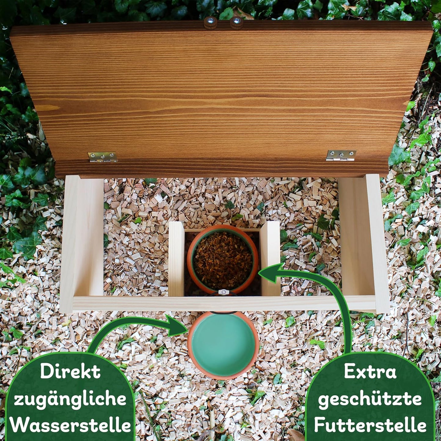 Igelfutterhaus mit Rattenklappe & Napf-Set, Igelfutterhaus inkl. 2er Set Wasser-& Futternapf