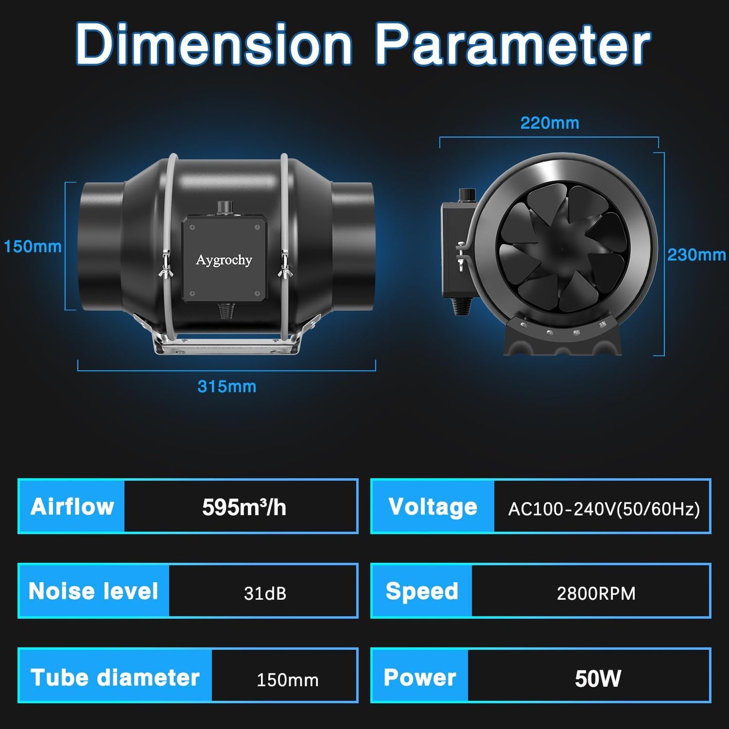 Abluftventilator mit Potentiometer-Steuerung, 150mm réglable Potentiometer-Geschwindigkeitsregelung