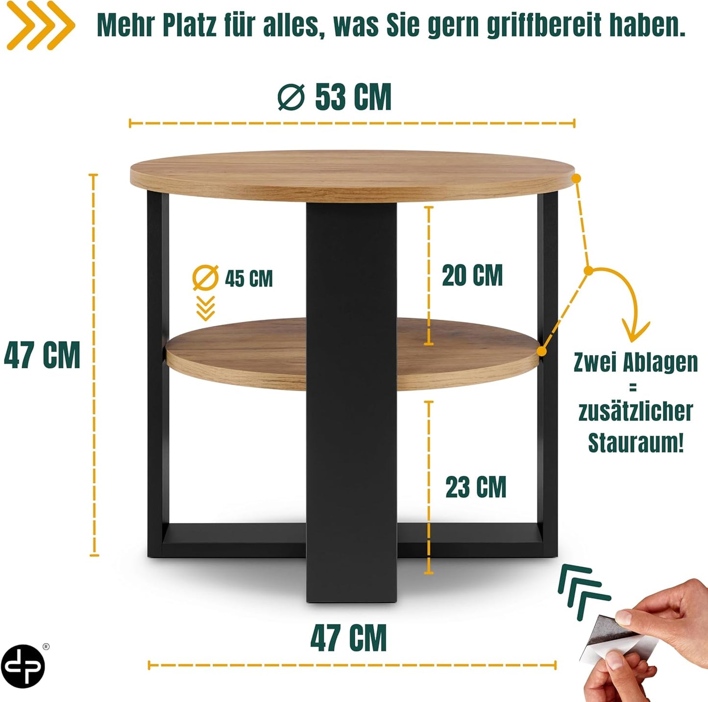 Runder Couchtisch mit Ablage, Schwarz & Eiche Durchmesser: 53CM