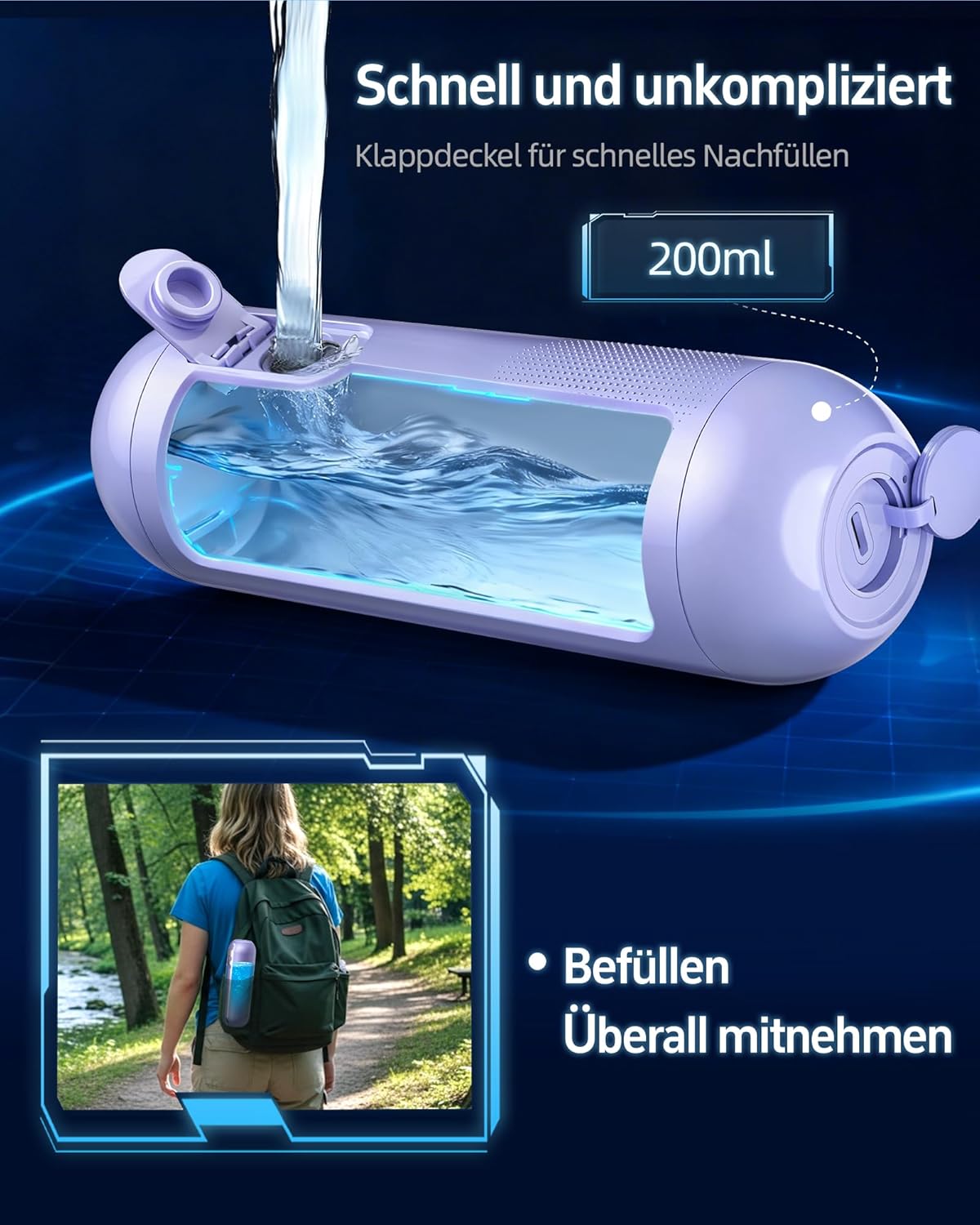 Wiederaufladbares Reisebidet mit Wasserspeicher, Lila
