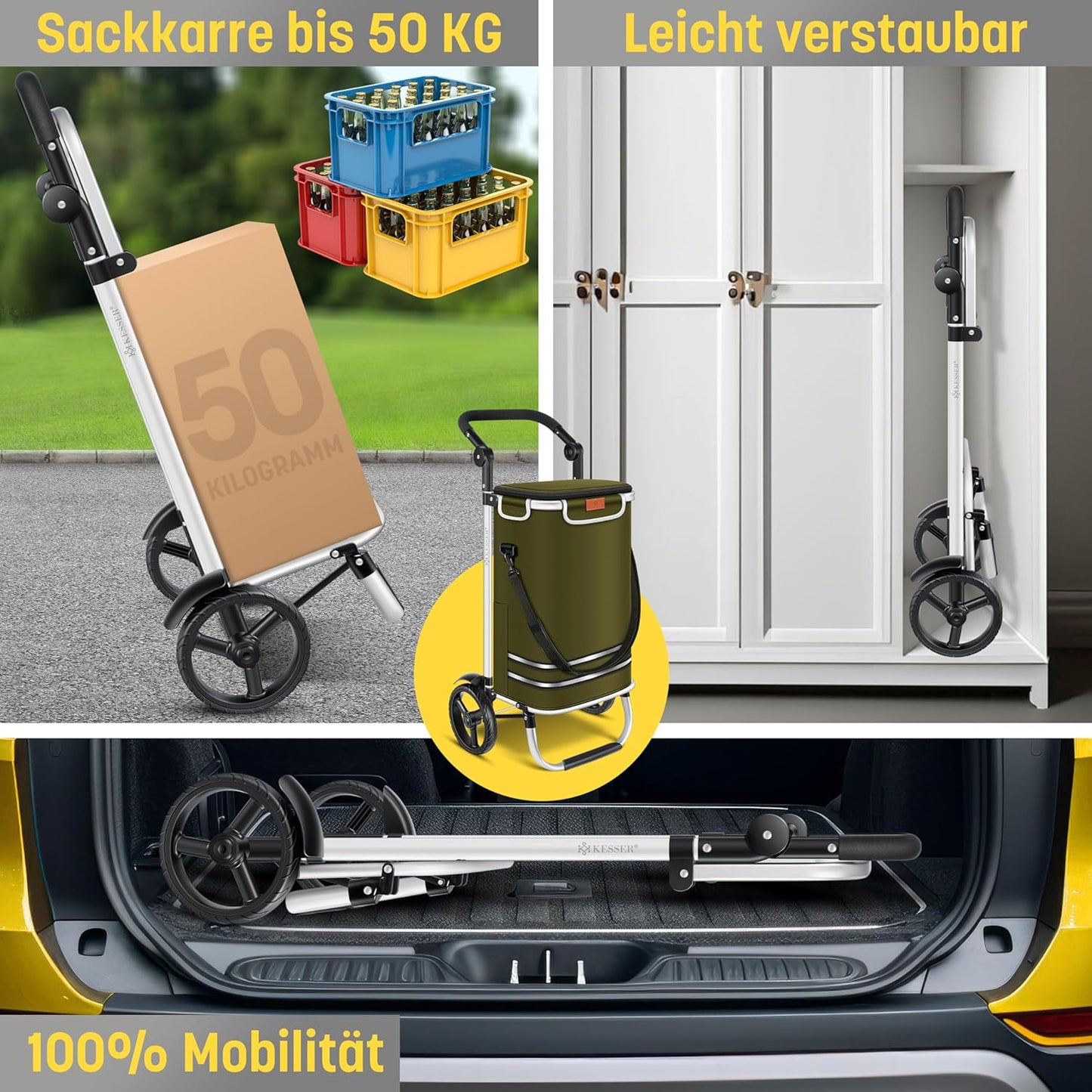 3-in-1 Einkaufstrolley mit Kühlfach & Einkaufschip, Khaki