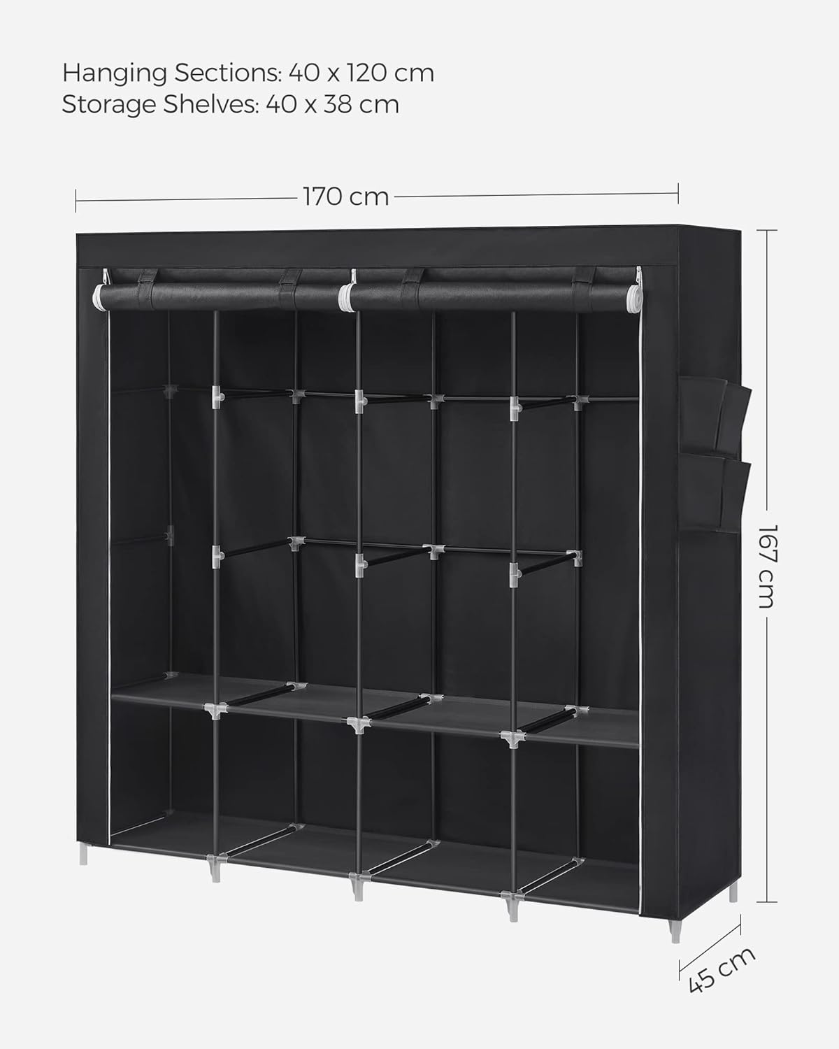Stoffschrank mit 4 Hängefächern und Ablagen, 45 x 170 x 167 cm Schwarz