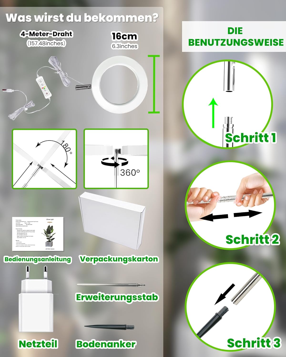 Vollspektrum LED Pflanzenlampe mit Timer & Höhenverstellung, Weiß 1 PCS