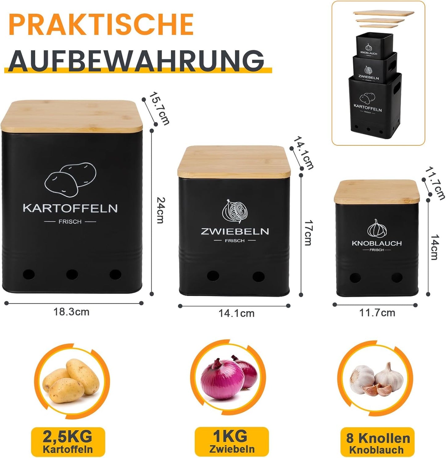 Gemüse Aufbewahrungsboxen-Set (3 Stück), Schwarz
