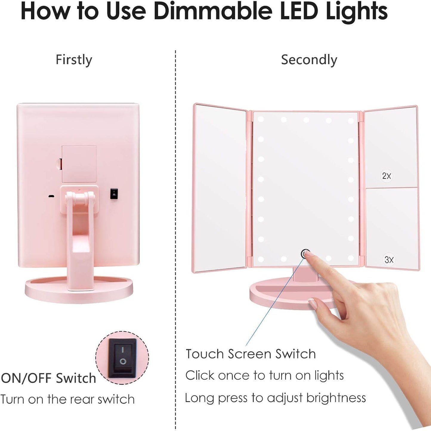 Trifold Make-up-Spiegel mit LED und USB-Aufladung, Rosa-1